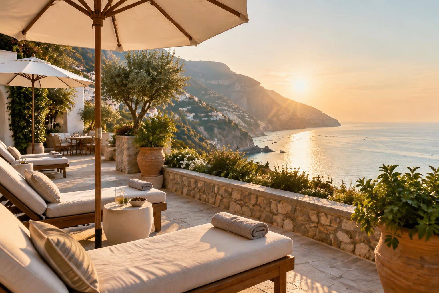 A coastal terrace at golden hour